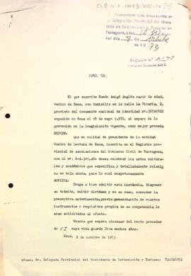 Sol·licitud del president al delegat provincial demanant permís per celebrar un espectacle de mim