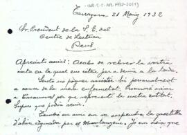 Carta d'Alfons Miquel a la Secció Excursionista