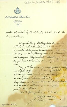 Agraïment de l'alcalde de Barcelona per la invitació a l'acte inaugural i de clausura del Congrés d'Ateneus i Associacions de Cultura