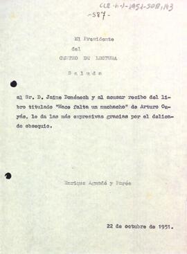 Carta d'agraïment del president a Jaime Doménech pel donatiu d'un obsequi