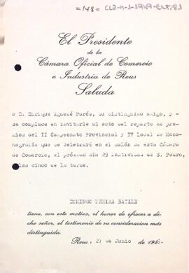 Invitació del president de la Cambra de Comerç de Reus a l'entrega de premis dels campionats de mecanografia
