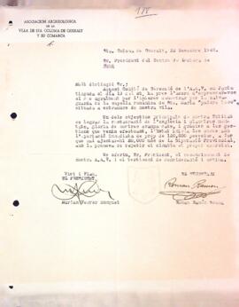 Carta de la Asociación Arqueológica de la Villa de Sta. Coloma de Queralt y su Comarca al president del Centre de Lectura