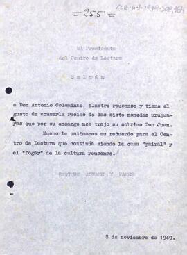 Carta d'agraïment del president a Antoni Colominas per les set monedes rebudes