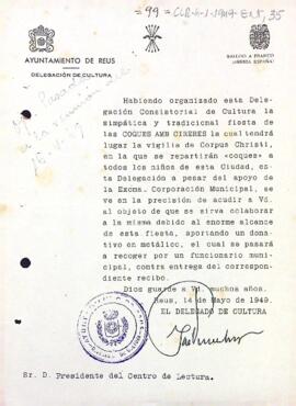Carta del delegat de cultura de l'Ajuntament de Reus demanant un donatiu econòmic per cobrir les despeses de la festa del repartiment de les coques amb cireres