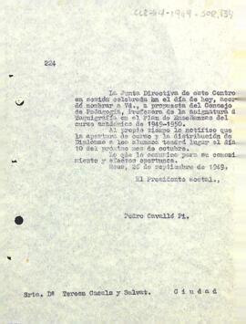Comunicació de la junta directiva a Teresa Casals per informar que ha estat elegida per ser la nova professora de taquigrafia