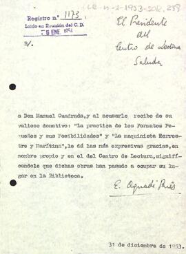 Carta d'agraïment del president a Manuel Cuadrada