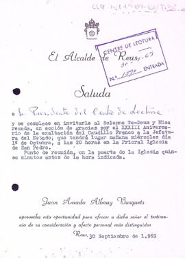 Invitació de l'alcalde de Reus al president del Centre de Lectura