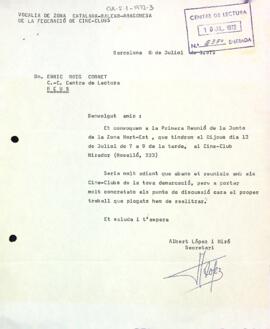 Carta de la Vocalia de Zona Catalana-balear-aragonesa de la Dereació de Cine-clubs