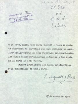 Invitació a Maria Rosa Ferré per fer la prova d'aptitud per auxiliar de bibliotecària