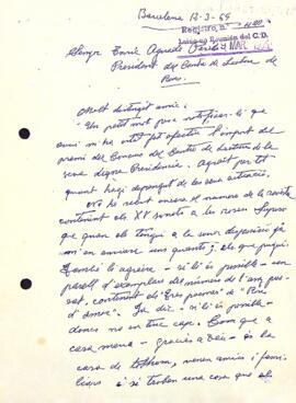 Carta de Salvador Perarnau al president del Centre de Lectura