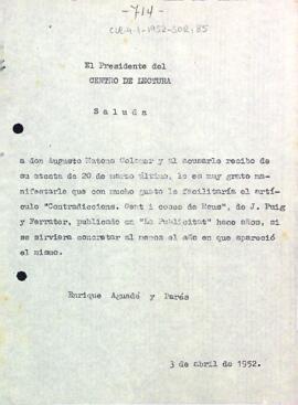 Carta d'Enric Aguadé Parés a August Matons Colomer