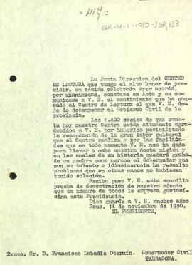 Agraïment a Francisco Labadié per la seva tasca com a governador civil de Tarragona