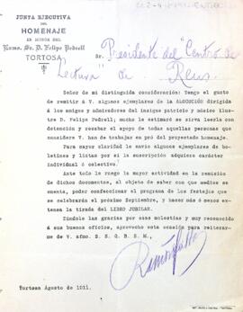 Carta de la Junta ejecutiva de l'homenaje en honor del Exmo. Sr. D. Felipe Pedrell informant de l'enviament d'alguns exemplars de l'al·locució dirigida a amics i admiradors del músic
