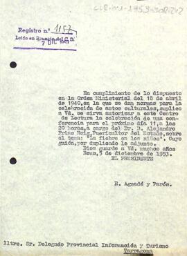 Carta del president al delegat d'informació i turisme de Tarragona