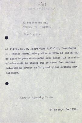 Carta d'Enric Aguadé Parés a Pere Gual Villalbí