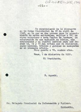 Carta del president al delegat provincial d'informació i turisme de Tarragona