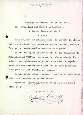 Carta de Santiago Creixell a la Secció Excursionista