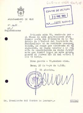Carta de l'alcalde de Reus al president del Centre de Lectura