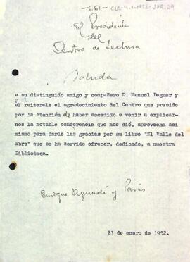 Carta d'Enric Aguadé Parés a Manuel Beguer