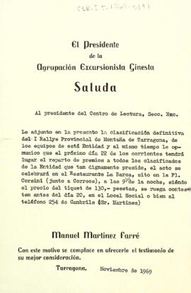 Carta de la Secció Excursionista Ginesta