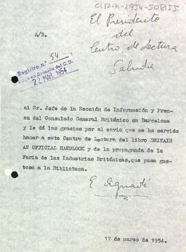 Carta d'agraïment del president al cap de la Secció d'informació i premsa del Consolat General Britànic a Barcelona