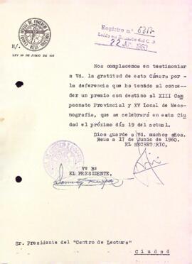 Carta de la Cambra Oficial de Comerç i Indústria de Reus al Centre de Lectura