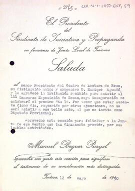 Agraïment de Manuel Beguer per la invitació al Concurs Exposició Nacional de Roses