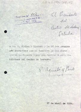 Carta d'agraïment del president a R. Violat i Simorra
