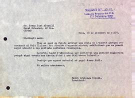 Carta del president a Josep Just Altadill sol·licitant subvencions per a les entitats culturals i artístiques privades
