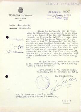 Carta de la diputació de Tarragona al president del Centre de Lectura