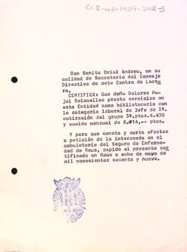 Certificat de Benet Oriol amb relació a Dolors Pujol Solanelles