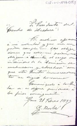 Carta de dimissió de Jeroni Bartolí presentada al president del Centre de Lectura Lluís Quer