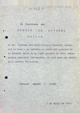 Carta d'agraïment del president al director del Banco Hispano Colonial de la sucursal de Reus per l'exemplar rebut de la memòria de banc