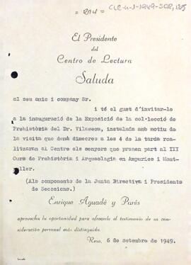 Invitació del president als membres de la Junta Directiva i dels presidents de les seccions a l'exposició de la col·lecció de prehistòria del Dr. Vilaseca