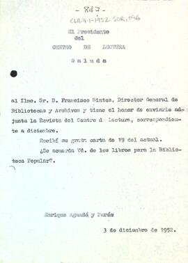 Carta d'Enric Aguadé Parés a Francisco Sintes