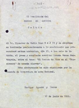 Carta d'Enric Aguadé Parés al director de Ràdio Reus