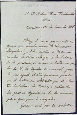 Carta de Mercedes Pascual de Llagostera sol·licitant recollir en nom del seu marit el premi del Certamen literari de 1884