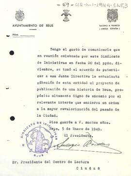 Carta d'Eulogio Bordas comunicant que el Sindicato de Iniciativas de l'Ajuntament de Reus ha decidit que el Centre formi part del projecte d'una publicació de la història de Reus