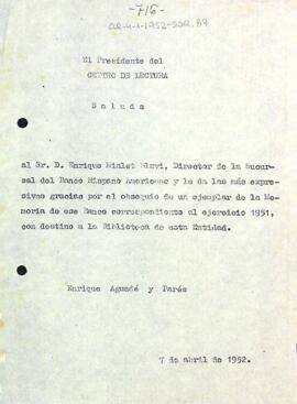 Carta d'agraïment a Enric Mialet Blavi