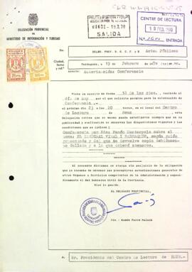 Carta de la delegació provincial d'informació i turisme autoritzant la conferència de Ramon Muntanyola