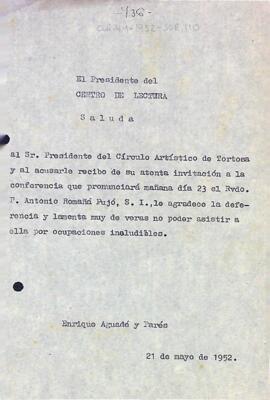 Carta d'Enric Aguadé Parés al Círculo Artístico de Tortosa