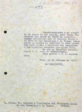 Carta del president a l'alcalde de Reus fent entrega d'un donatiu econòmic que ajudi a mantenir les pensions de les persones grans acollides a l'Obra dels homenatges a la vellesa