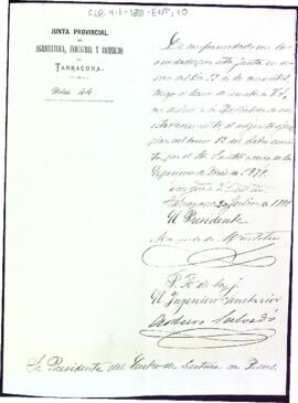Carta informant del donatiu del llibre del Sr. Santos sobre l'Exposiciño de París de 1878