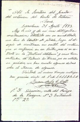 Carta al secretari del jurat del certamen sol·licitant un cartell de l'acte per resoldre dubtes per haver-ho llegit traduït al castellà