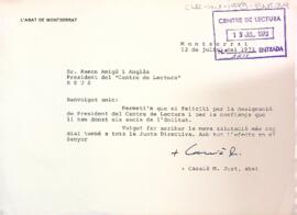 Felicitació de l'Abat de Montserrat al president del Centre de Lectura