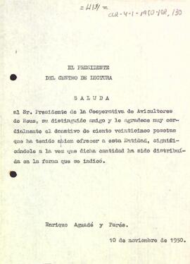 Agraïment per un donatiu al president de la Cooperativa d'Avicultors