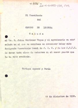 Felicitació a Jaume Cardoner pel seu nou càrrec com a secretari local de la FET i les JONS