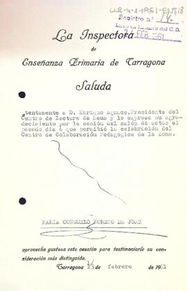 Carta de l'inspectora d'ensenyament primari de Tarragona al president del Centre de Lectura