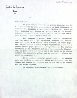 Còpia de la carta que s'envia als socis informant de l'àpat que s'oferirà dins dels actes d'homenatge a Marcel·lí Domingo