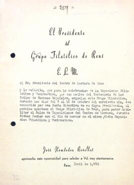 Petició del grup Filatèlic de Reus per fer ús de la sala d'exposicions del Centre de Lectura